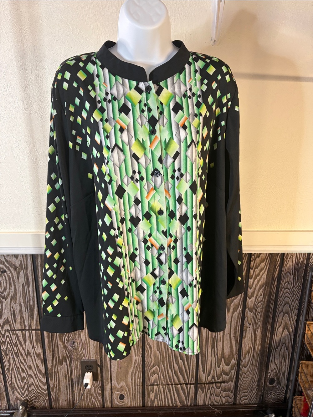 Bob Mackie Black Button-Front Top with Green Geometric Print